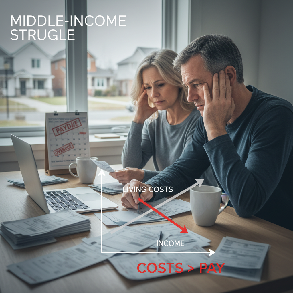 A distressed middle-income couple reviewing bills, with an overlaid graph showing rising living costs and stagnant income.