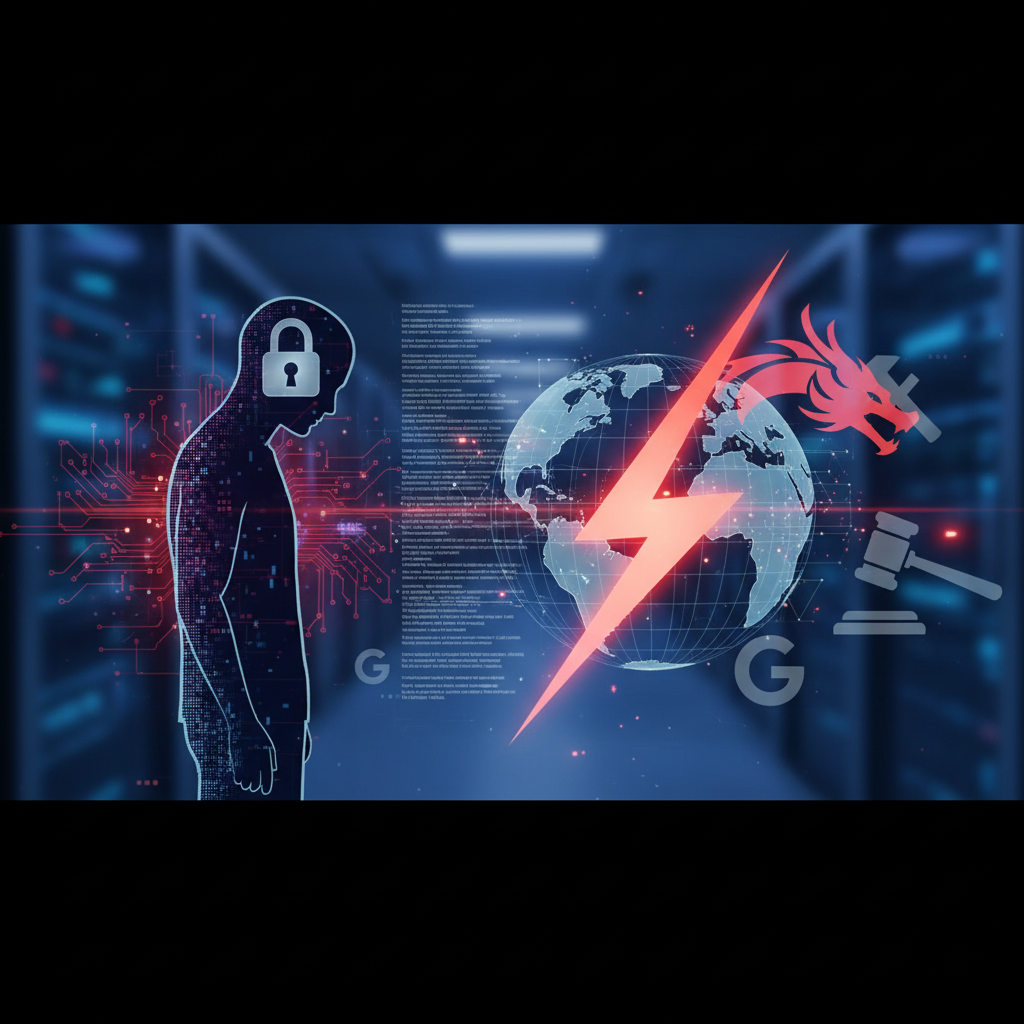 A man's silhouette with a padlock on his head, a red lightning bolt striking a globe, and legal and technological symbols.