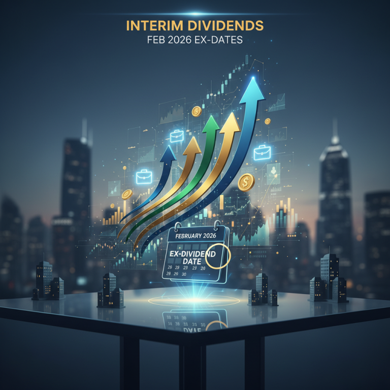 A professional visual representing interim dividends with upward arrows, financial icons, and a calendar highlighting February 2026.