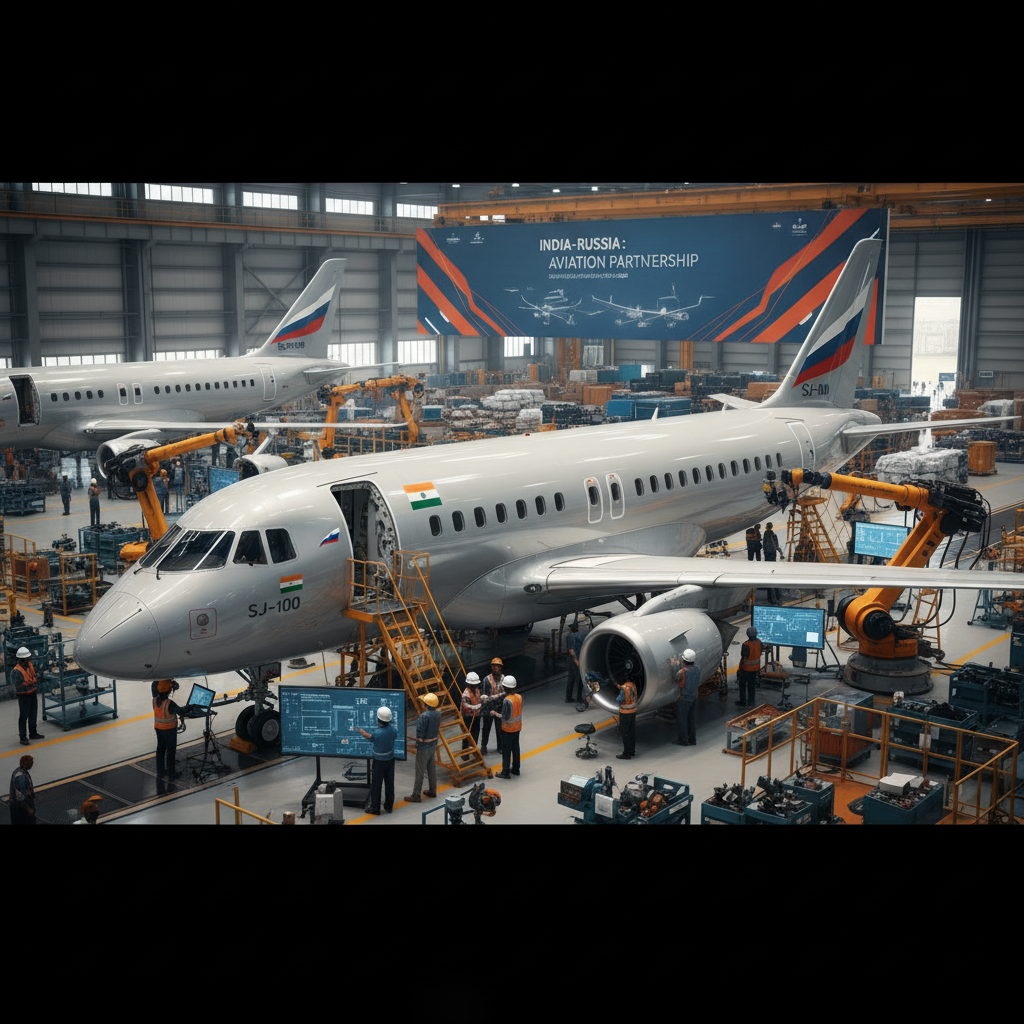 An SJ-100 aircraft being assembled in a factory with Russian and Indian flags, symbolizing aviation partnership.
