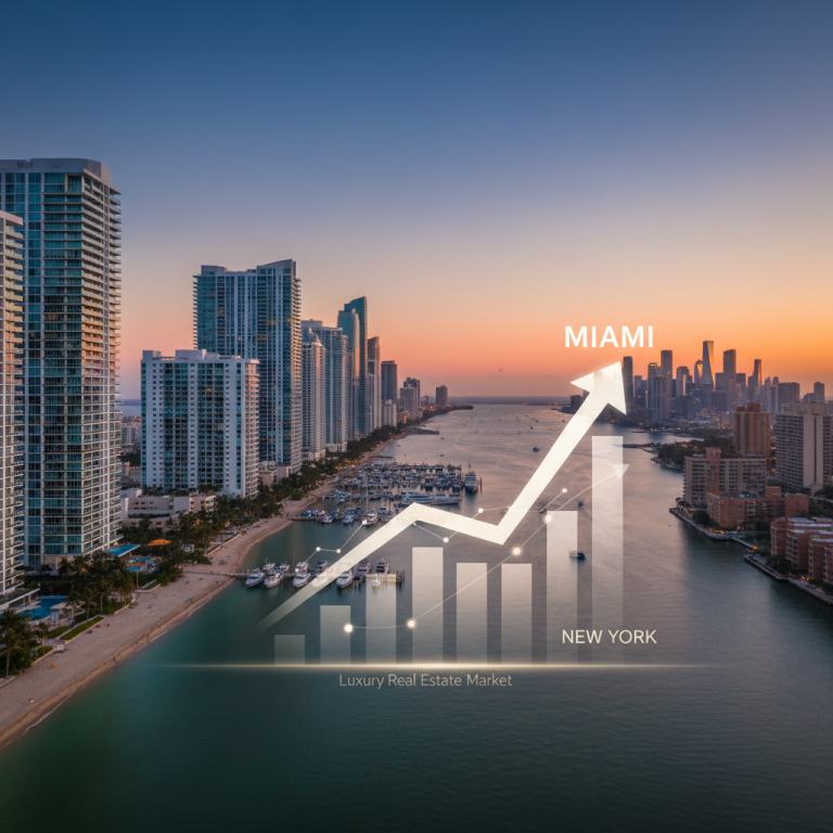 An aerial view of Miami's skyline at sunset, with a rising arrow chart indicating "Miami" surpassing "New York" in luxury real estate.