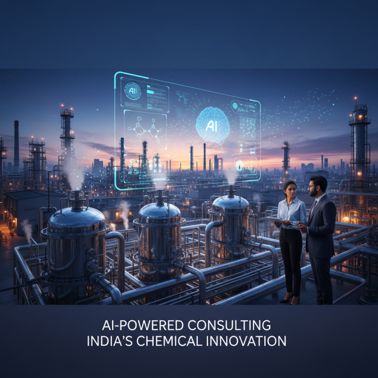 Two professionals with a holographic AI interface over a chemical plant at dusk.