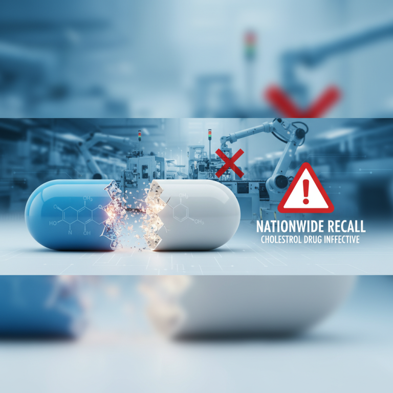 A blue and white pill breaking apart with chemical formulas, warning signs, and a manufacturing background.