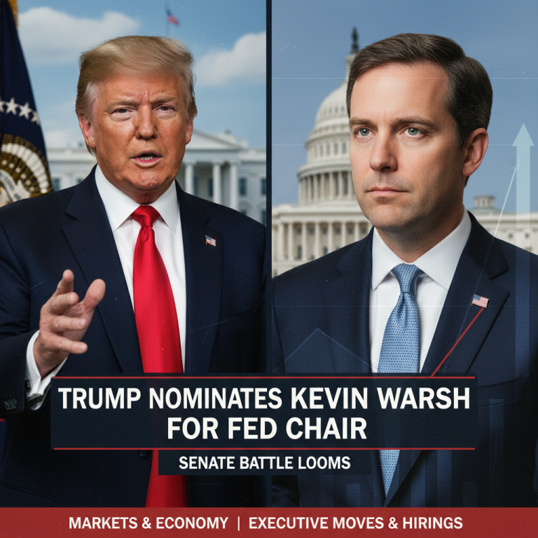 Split image of Donald Trump and Kevin Warsh with the Capitol Building and economic graphics in the background.