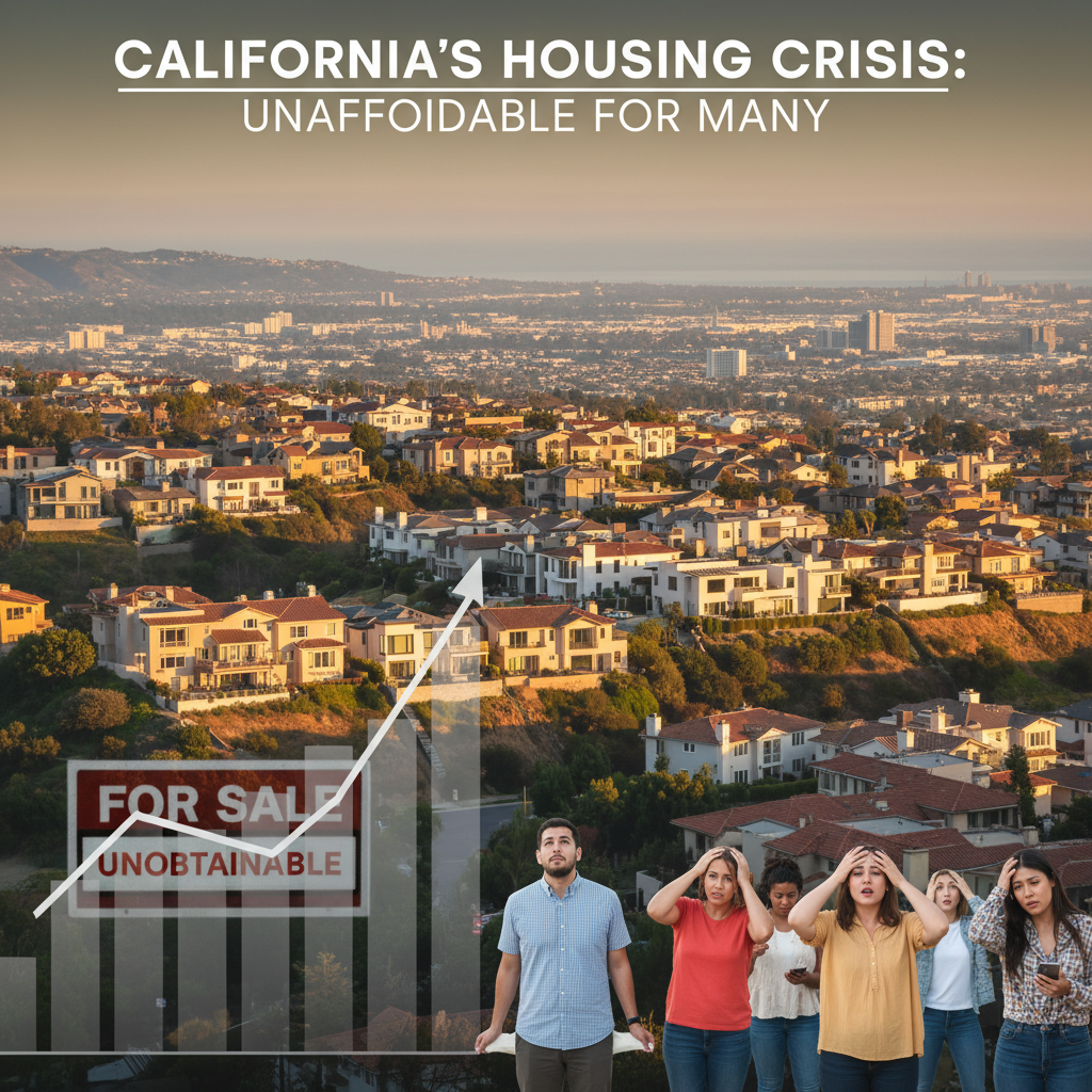 A "For Sale" sign with "Unobtainable" overlaid, in front of a sprawling California city, with distressed people.