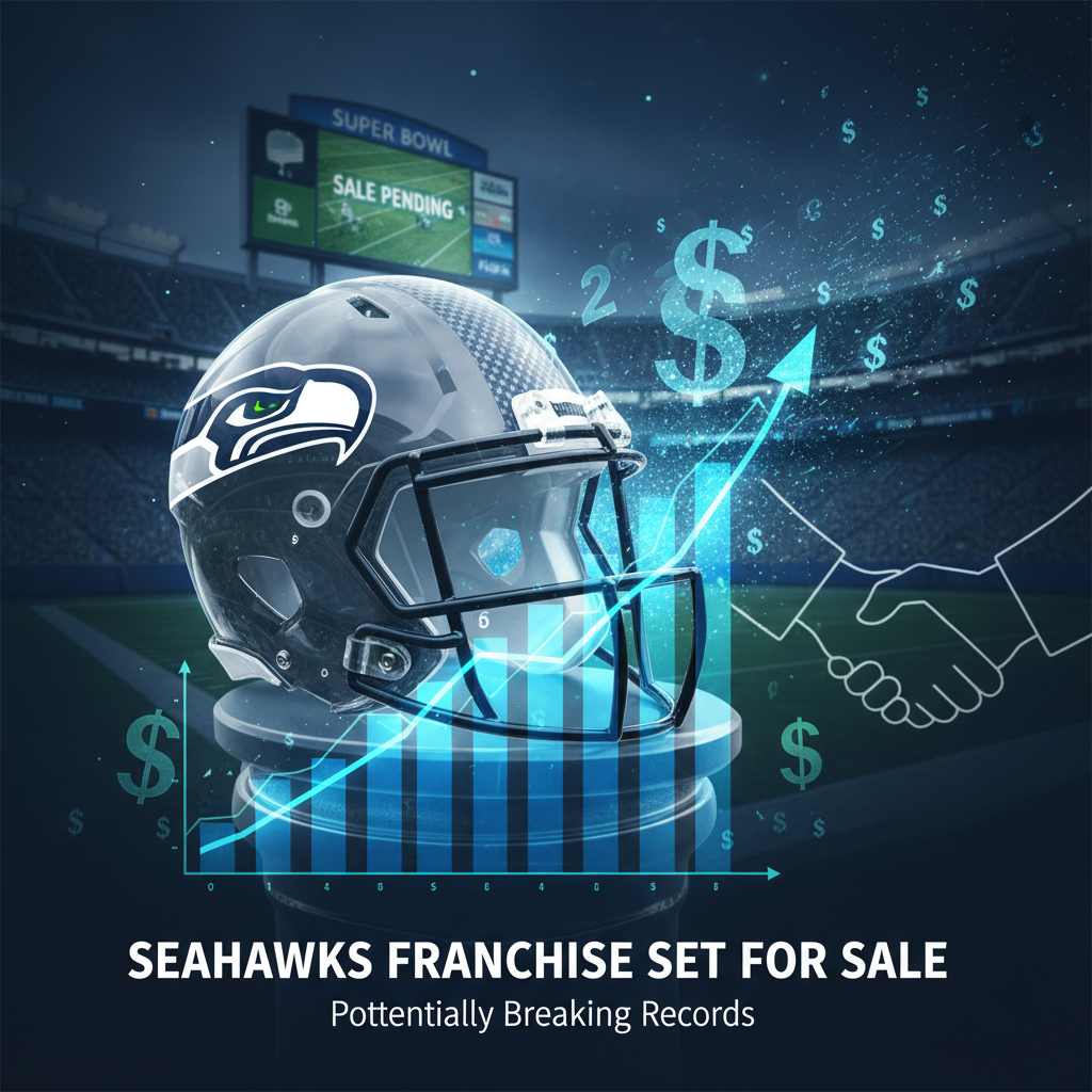 A Seattle Seahawks helmet on a podium with financial graphics and a "Sale Pending" scoreboard in the background.
