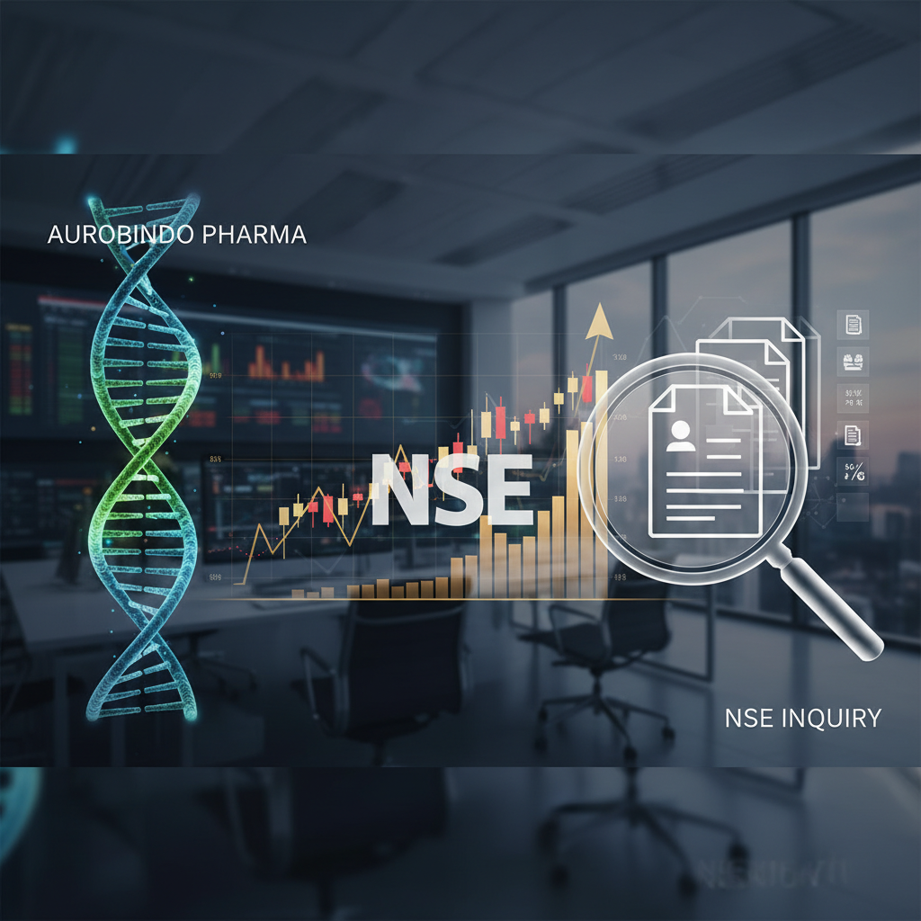 A professional image representing Aurobindo Pharma, stock market trends, and an NSE inquiry into share volume.