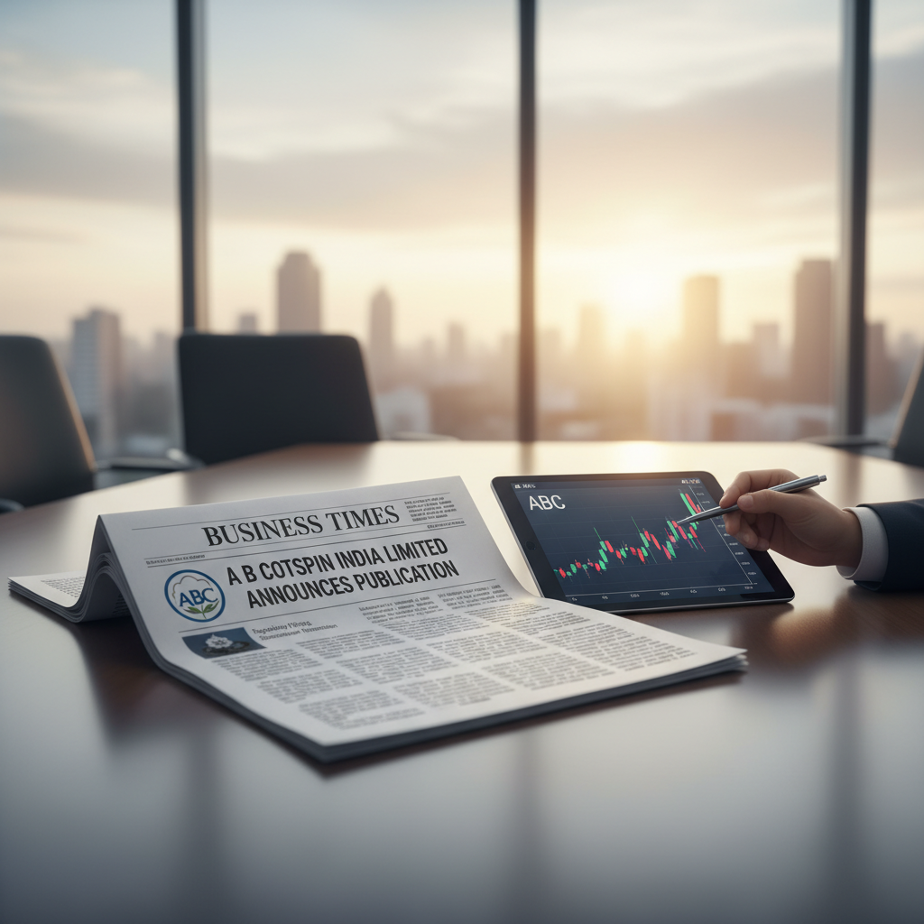 A newspaper on a conference table with a headline about A B Cotspin India Limited, next to a hand using a tablet displaying stock charts.
