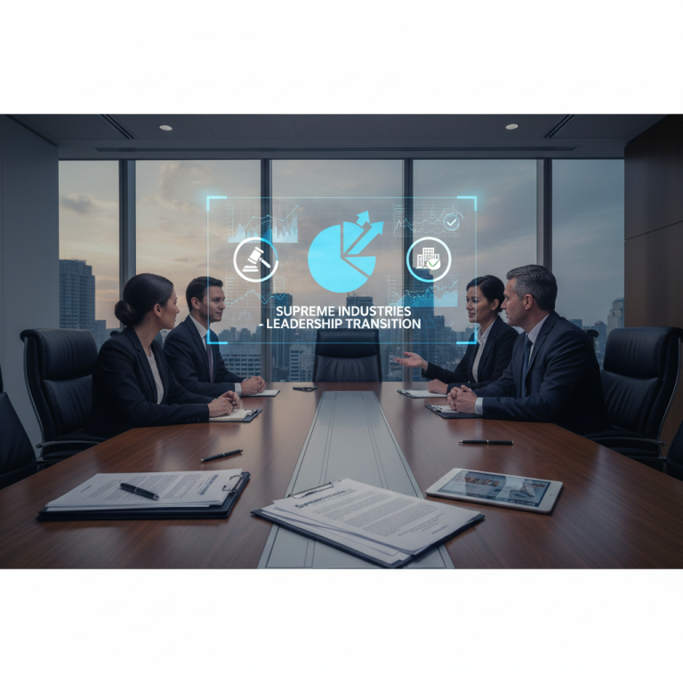 A professional image depicting a boardroom meeting with an overlay of charts and text "Supreme Industries - Leadership Transition."