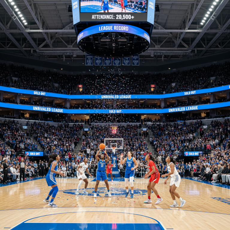 A wide shot of a sold-out arena with women's basketball players on the court and confetti falling.