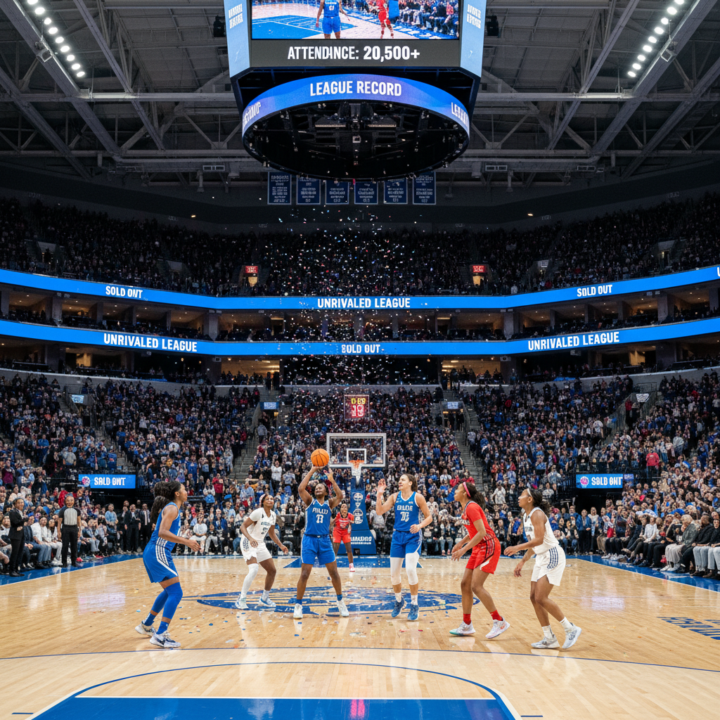 A wide shot of a sold-out arena with women's basketball players on the court and confetti falling.