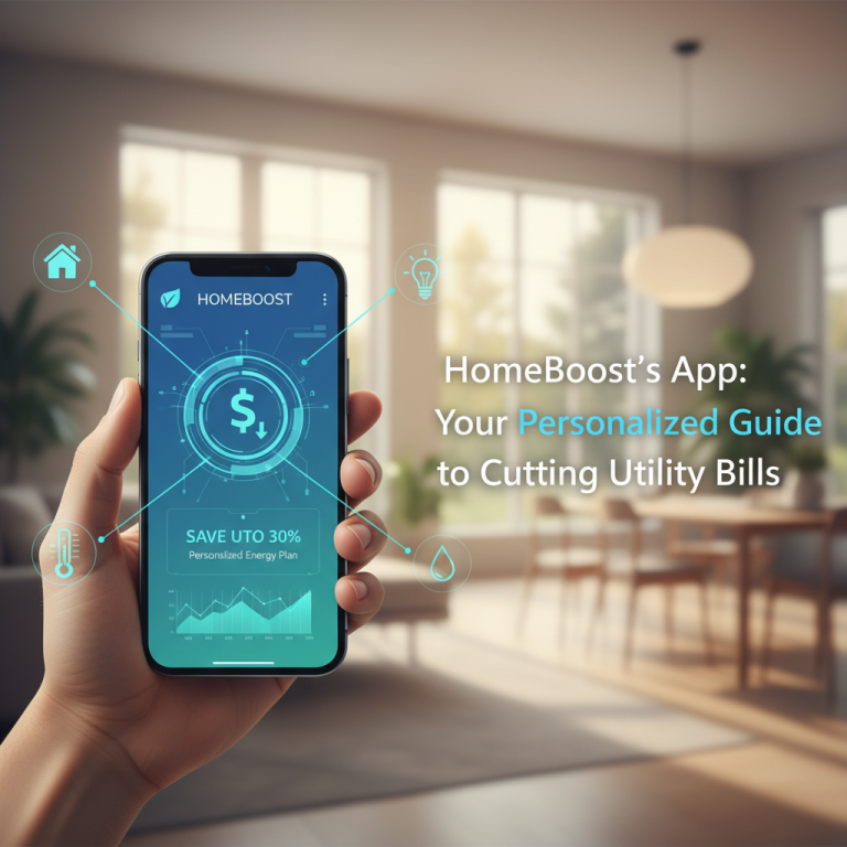 A hand holding a smartphone displaying the HomeBoost app interface with energy saving features and icons, against a modern home background.