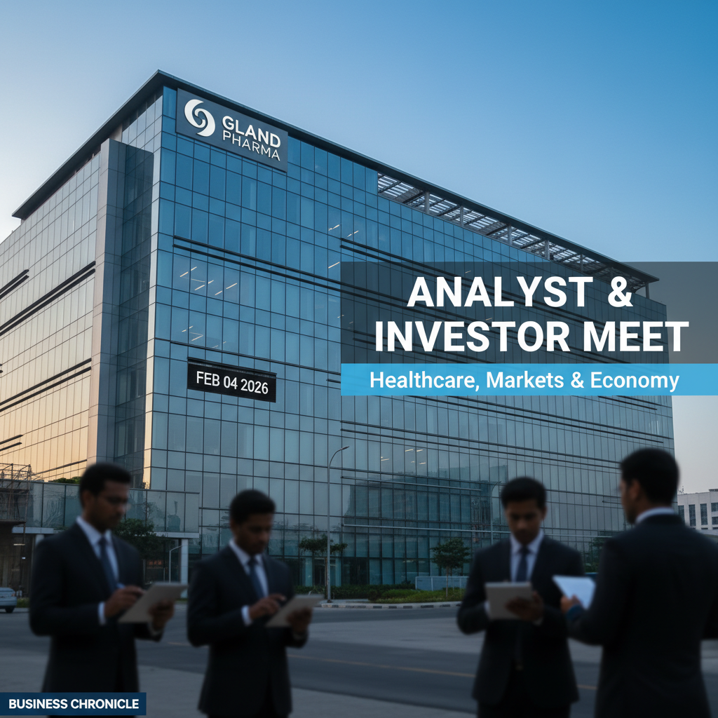 Professional image for Gland Pharma's analyst and investor meet, featuring a modern building and business professionals.