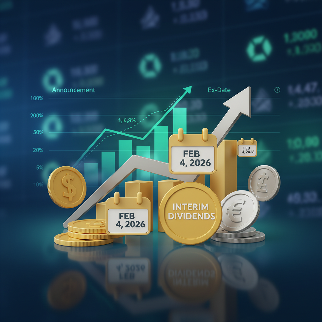 A professional graphic showing financial growth, coins, calendars marked "Feb 4, 2026", and "Interim Dividends."