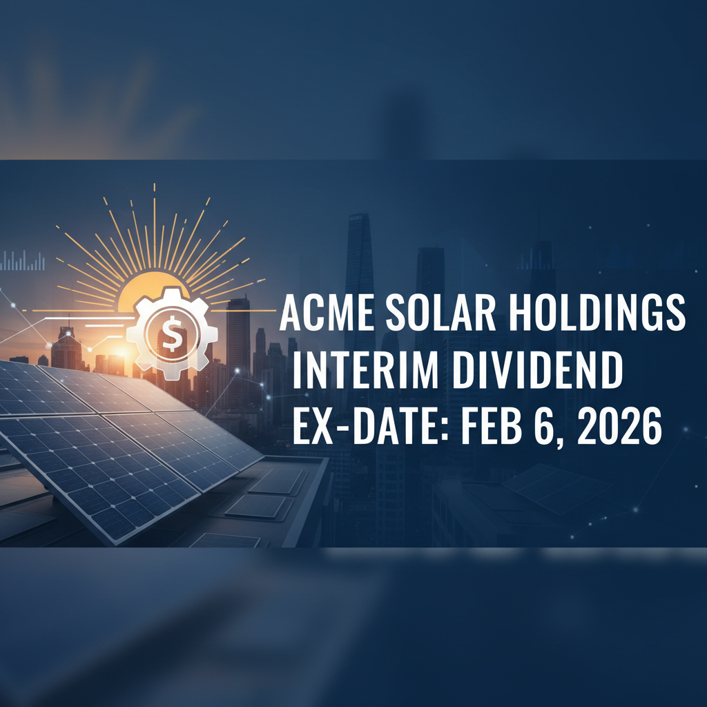 Solar panels on a rooftop with a city skyline at sunset, overlaid with text about Acme Solar Holdings' interim dividend.