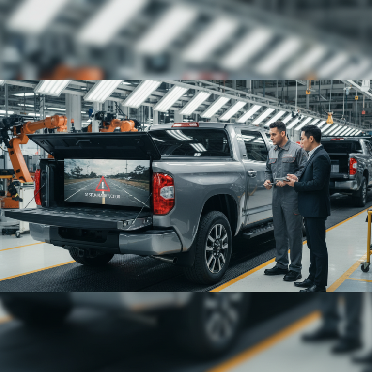 A Toyota Tundra in a manufacturing plant with a "System Malfunction" alert on its rearview screen, observed by professionals.