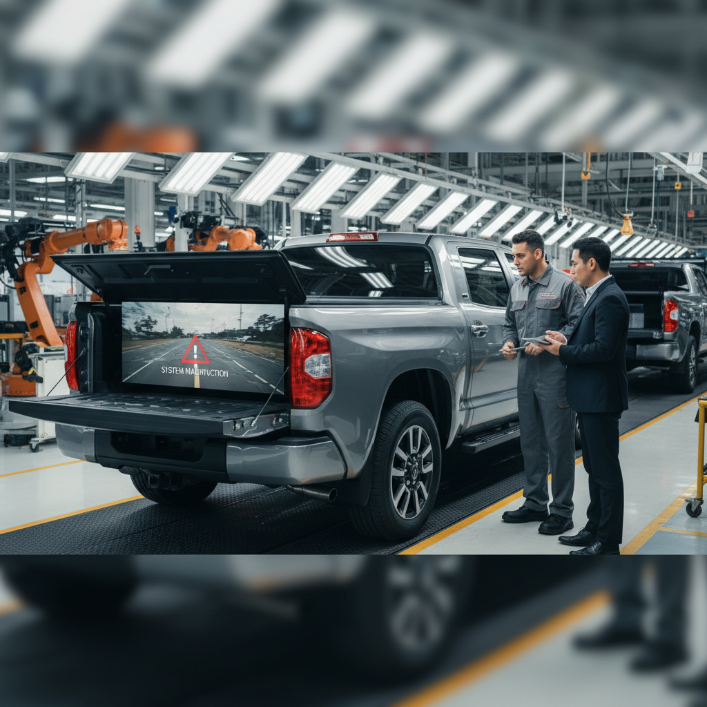 A Toyota Tundra in a manufacturing plant with a "System Malfunction" alert on its rearview screen, observed by professionals.
