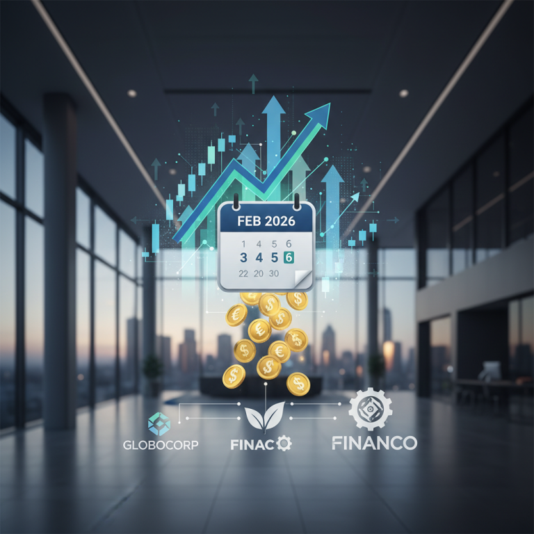 Calendar with 'FEB 2026' highlighting the 6th, financial graphs, coins, and company logos in a modern office.