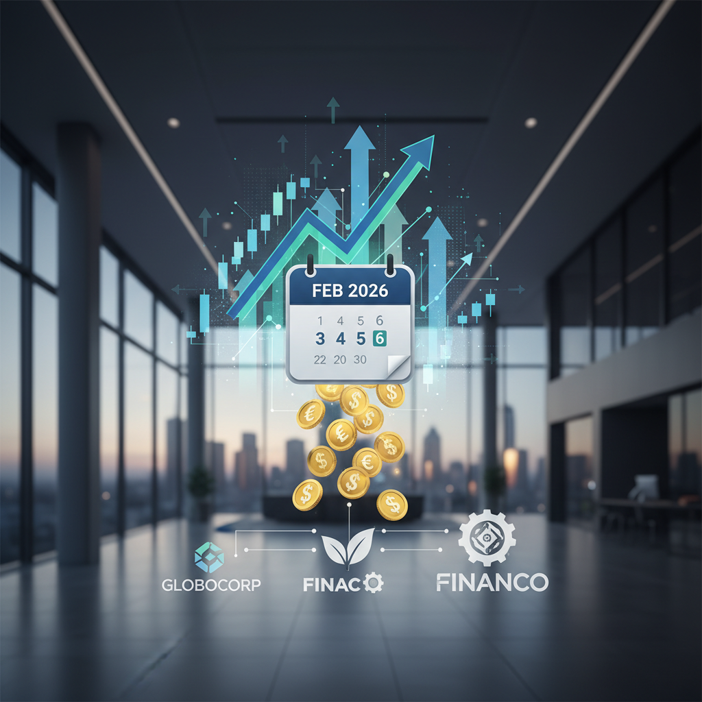 Calendar with 'FEB 2026' highlighting the 6th, financial graphs, coins, and company logos in a modern office.