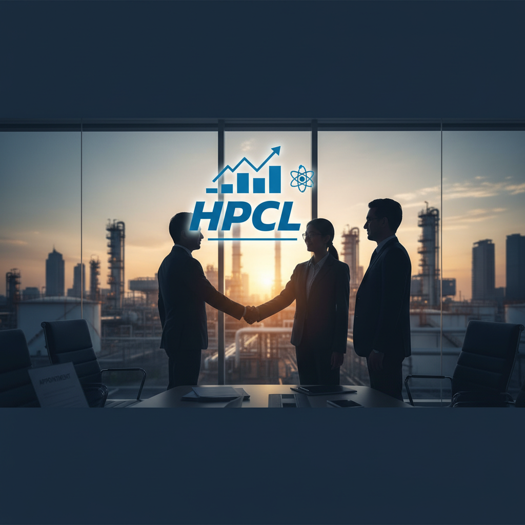 Business professionals shake hands in a boardroom with an HPCL logo and an oil refinery visible through the window at sunset.