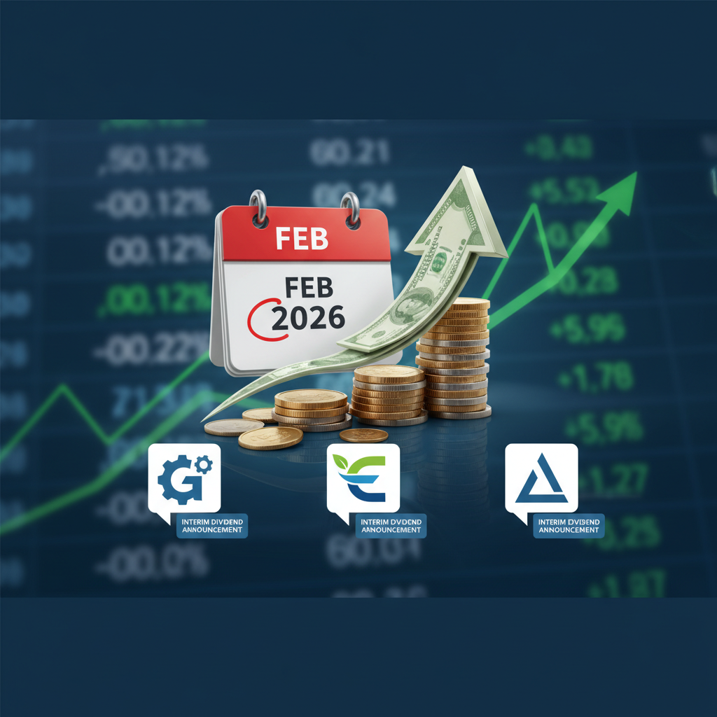 A calendar showing "FEB 2026" with stacks of coins and a dollar bill arrow rising, signifying dividends and growth.