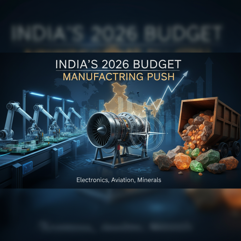 An image showcasing the keywords: India, 2026, Budget, Manufacturing Push, Electronics, Aviation, and Minerals.