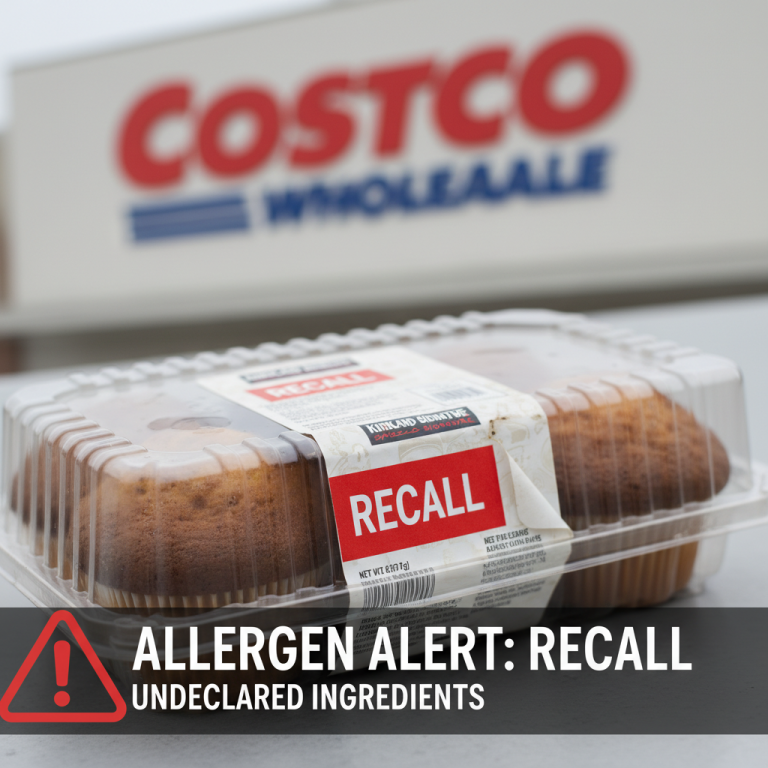 A package of bakery items with a "RECALL" label, with a blurred Costco sign in the background.