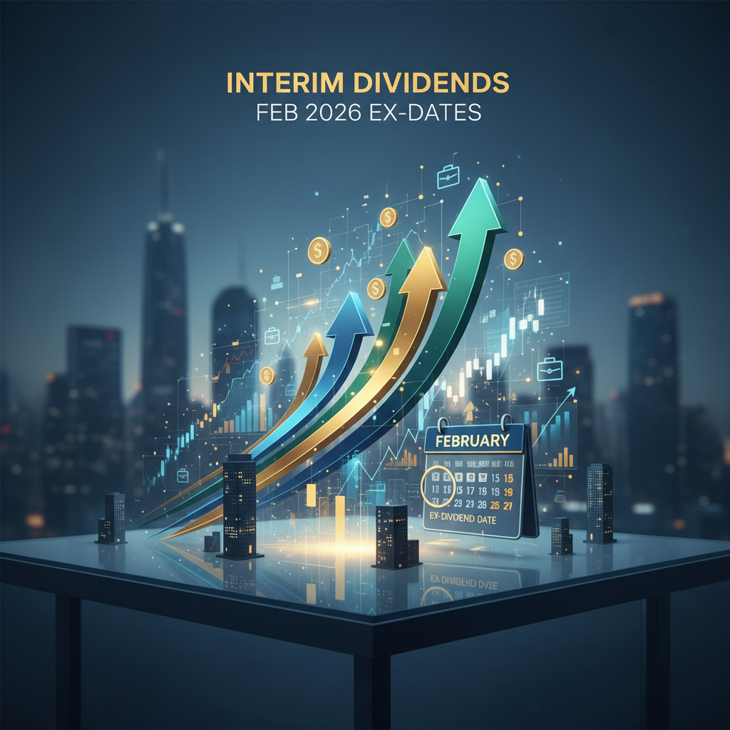 A modern infographic showing upward financial arrows, a calendar with February 2026 highlighted, and stock market data, over a cityscape.