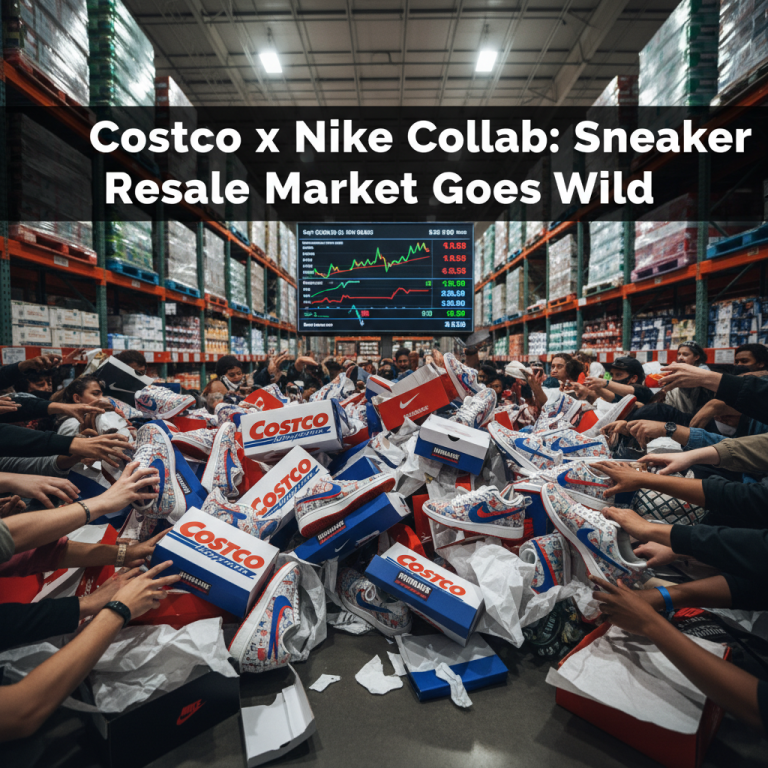 A crowd reaching for Costco-branded Nike sneakers amidst a stock market graph overlay in a warehouse store.