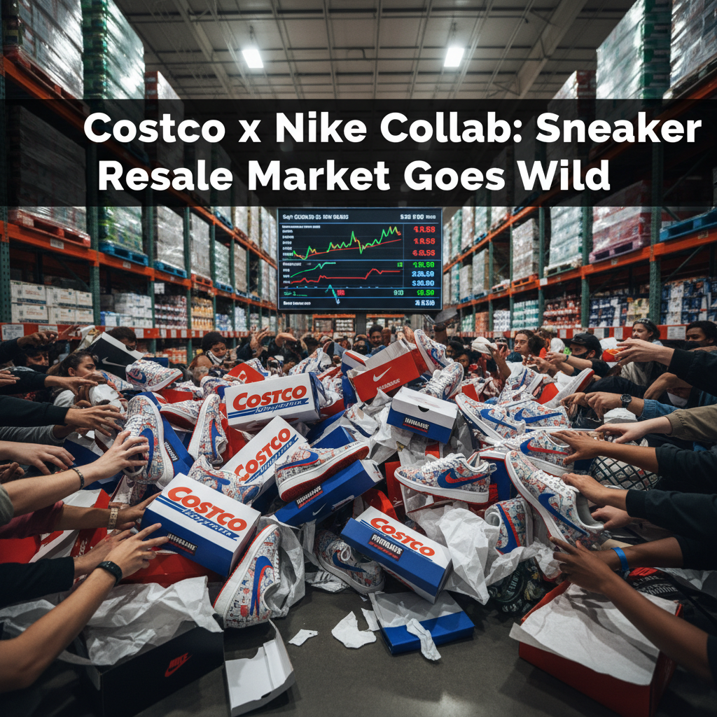 A crowd reaching for Costco-branded Nike sneakers amidst a stock market graph overlay in a warehouse store.