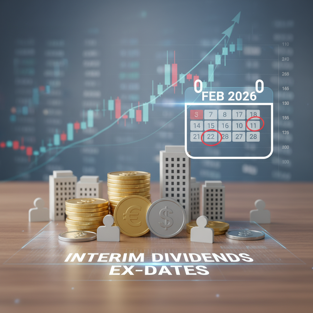 A calendar showing February 2026, with dates circled, overlaid on a stock market chart and coins.