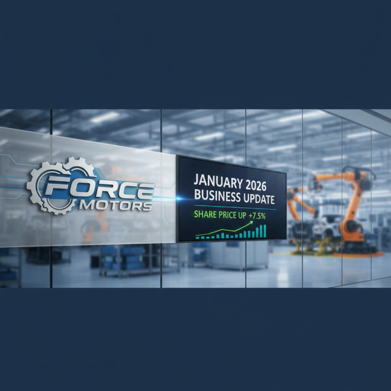 A professional visual combining the Force Motors logo and a screen displaying "January 2026 Business Update, Share Price Up +7.5%."