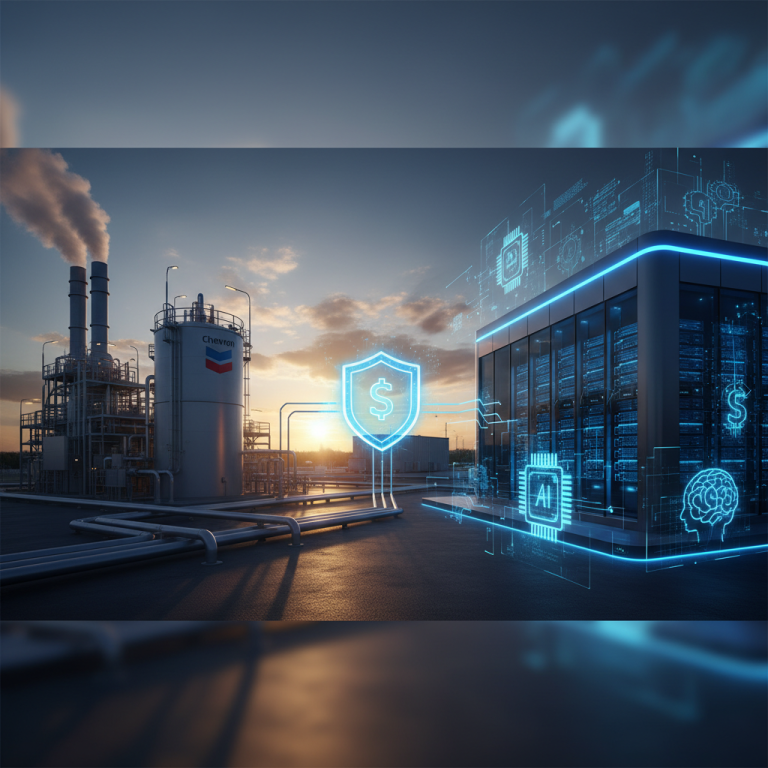 A Chevron natural gas plant connected to a futuristic AI data center with a shield icon.