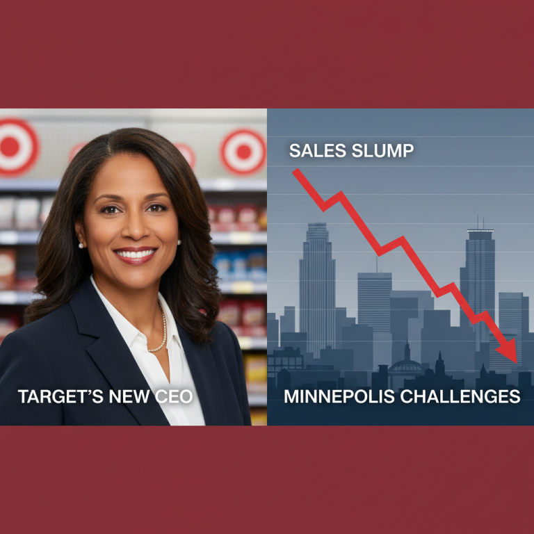 Professional image of a confident female CEO with Target store background, overlaid with a downturn graph and Minneapolis skyline.