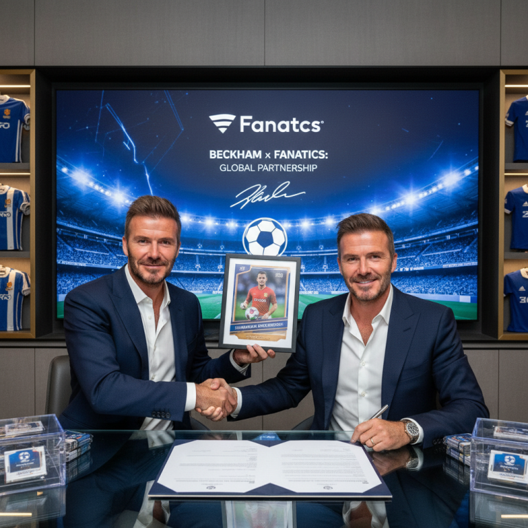 David Beckham and Michael Rubin shaking hands in front of a screen displaying "Fanatics: Beckham x Fanatics: Global Partnership".