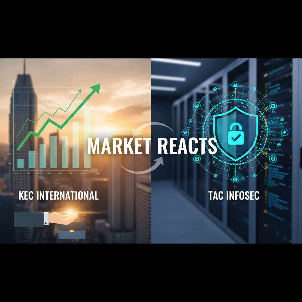 Split image showing a rising stock chart for KEC International and a cyber security shield for TAC Infosec.
