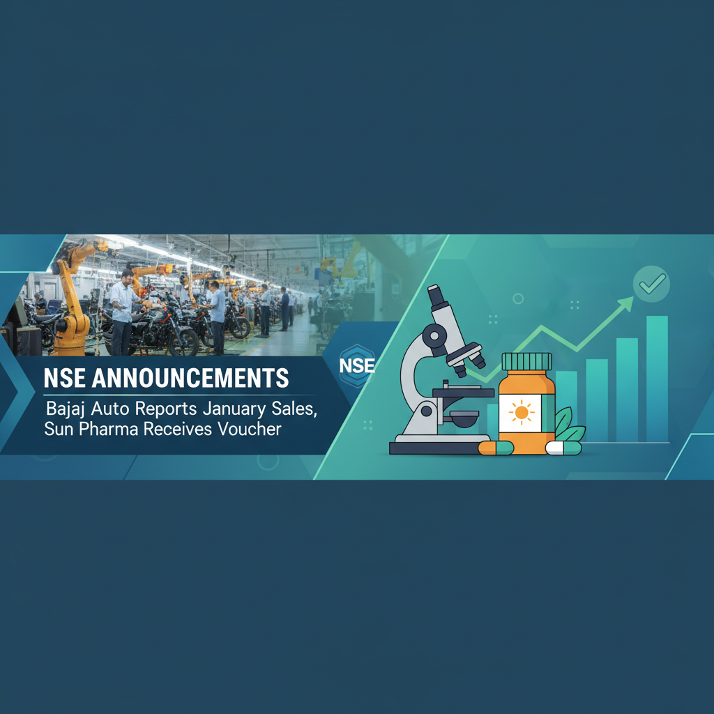 A banner with a factory floor, a microscope, medicine bottle, and a rising stock graph.