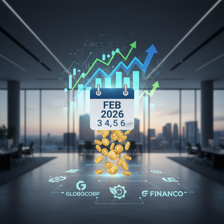 Calendar with Feb 2026 and coins, representing dividends, floating above company logos.