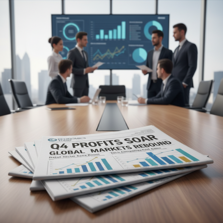 A stack of newspapers with financial headlines on a boardroom table with blurred business people in the background.
