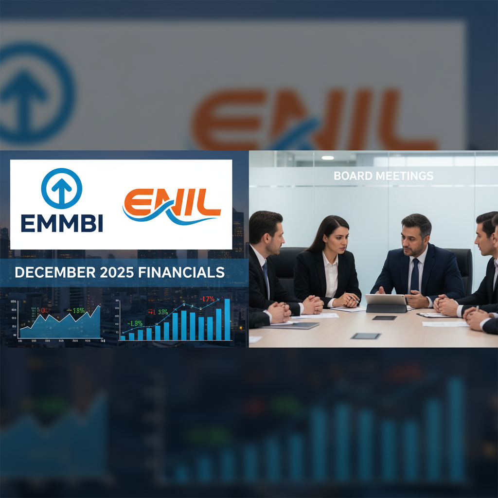A collage image representing board meetings, financial discussions, and the logos of Emmbi and ENIL.