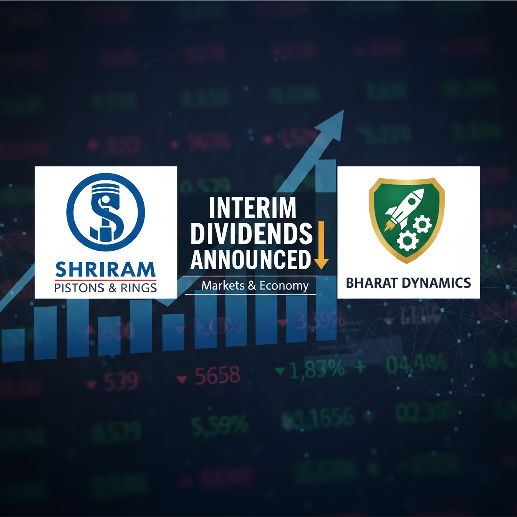 Logos of Shriram Pistons & Rings and Bharat Dynamics with an upward trend arrow and dividend text over a market background.