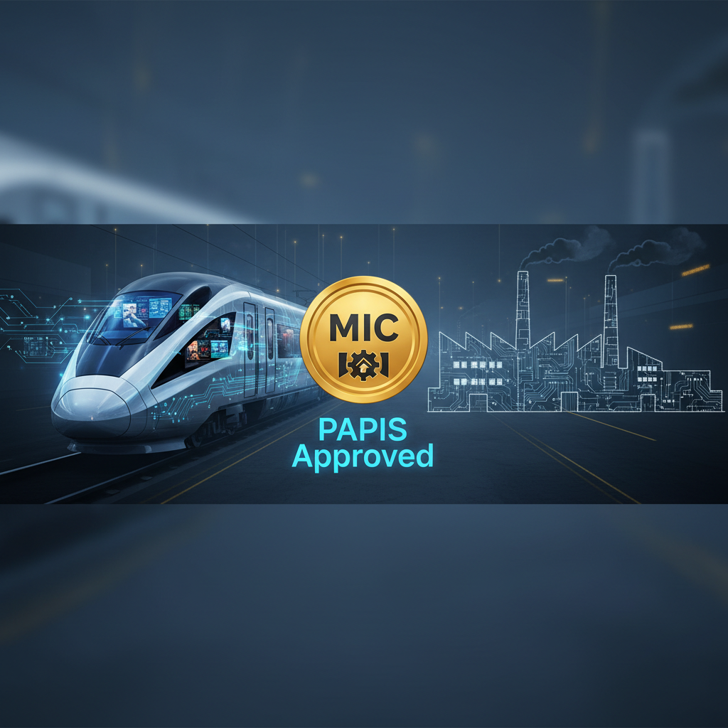 A high-tech train with a "MIC PAPIS Approved" golden coin, alongside a factory outline.
