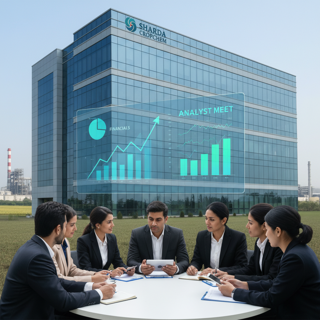 Business professionals in discussion with financial charts overlaid on Sharda Cropchem building.