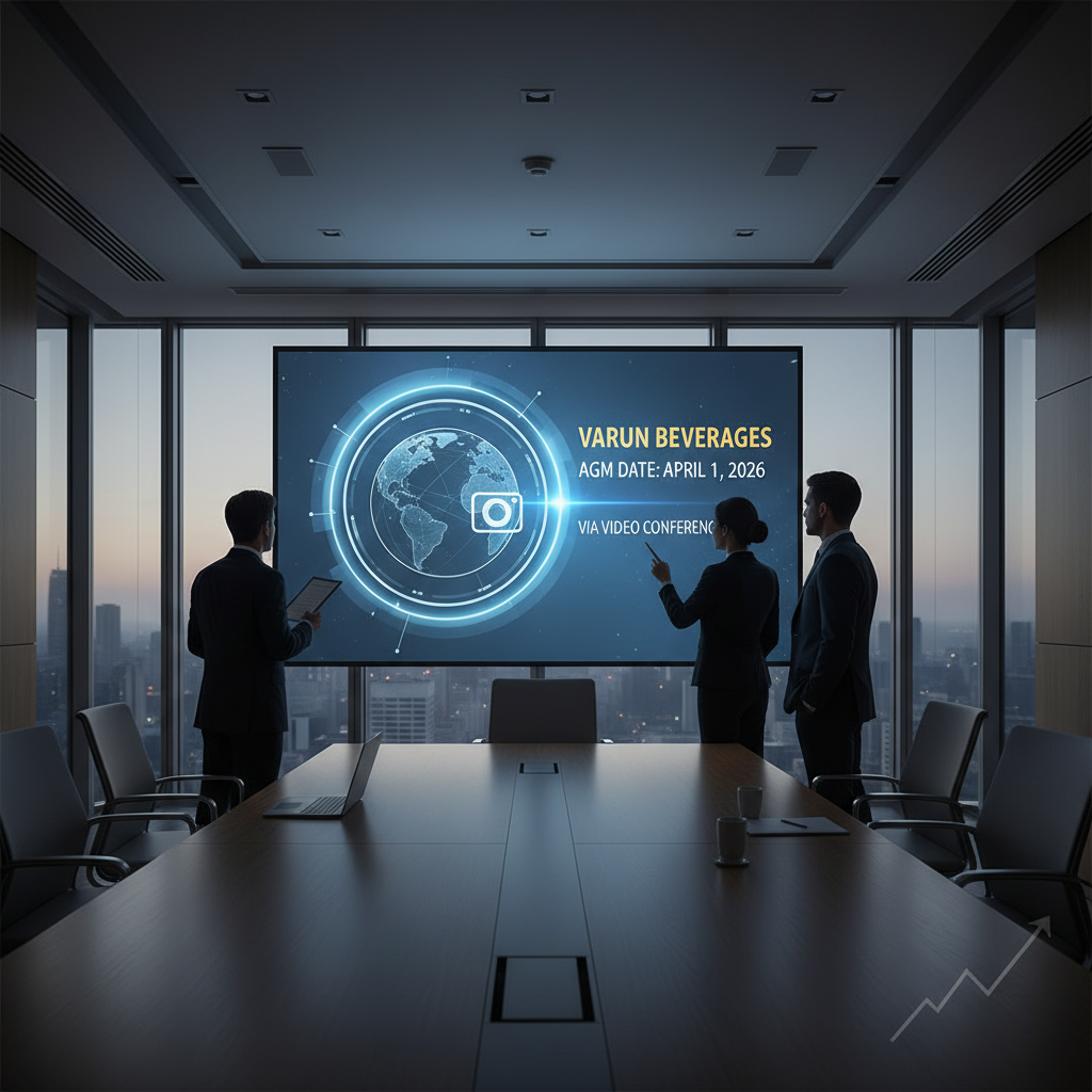 Business professionals in a modern boardroom looking at a large screen displaying "Varun Beverages AGM Date: April 1, 2026 Via Video Conferencing".