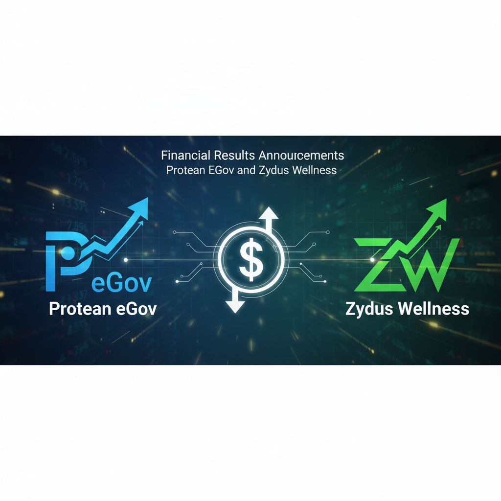 A professional graphic with logos of Protean eGov and Zydus Wellness, dollar sign, and upward arrows, set against a financial data background.
