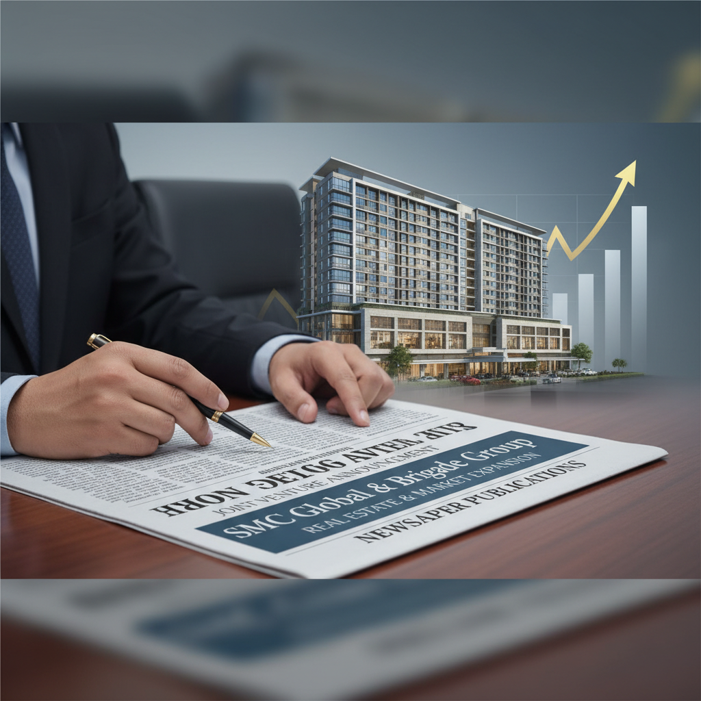 A professional image showing hands reviewing a newspaper about SMC Global and Brigade Hotel's joint venture, with a modern building and growth chart in the background.