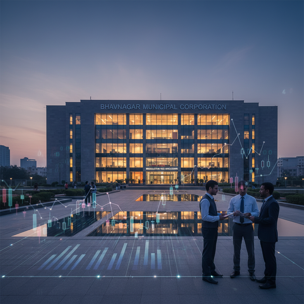 Professional image depicting the Bhavnagar Municipal Corporation building with business people and market data overlays.