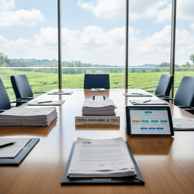 A professional boardroom table with a "Peria Karamalai Tea" nameplate, documents, and a tablet displaying an organizational chart.