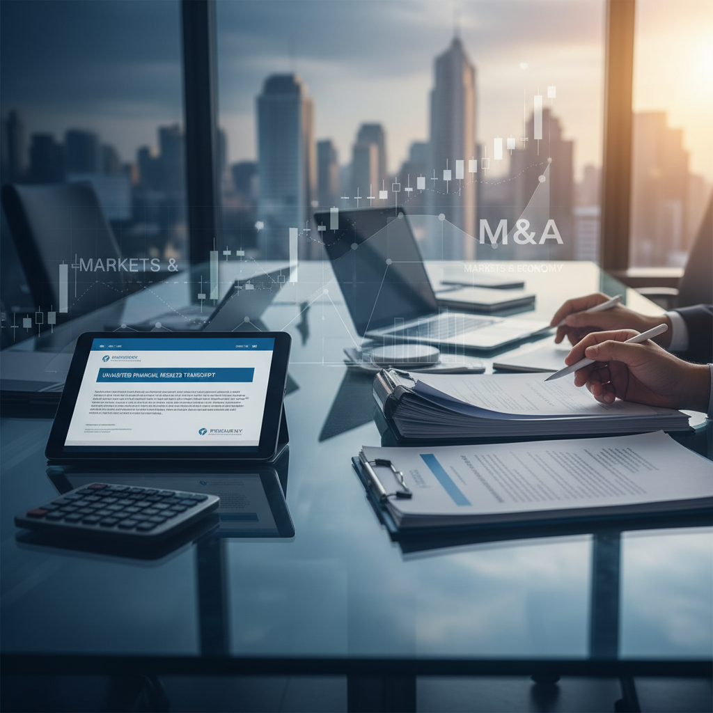 A modern office setting with financial documents, laptops, a tablet displaying a financial transcript, and overlaid charts.
