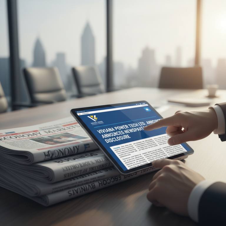 A person's hands viewing a news article about "Viviana Power Tech Ltd. Announces Newspaper Disclosure" on a tablet.